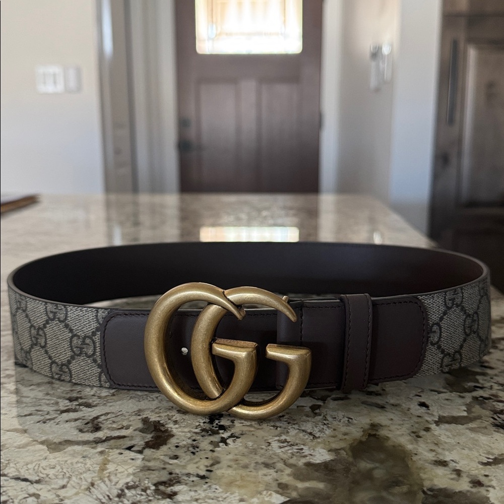 NWT * Gucci Double G Buckle GG Supreme Canvas & Leather Belt in Dark Brown